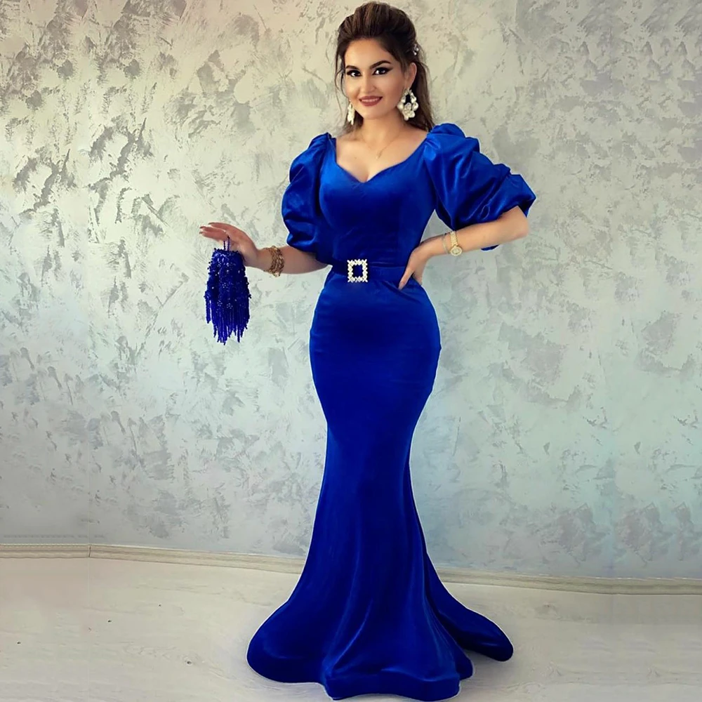 

UZN Royal Blue Mermaid Satin Prom Dress Sweetheart Half Puffy Sleeves Evening Dress 2022 Sexy Zipper Back Evening Gowns