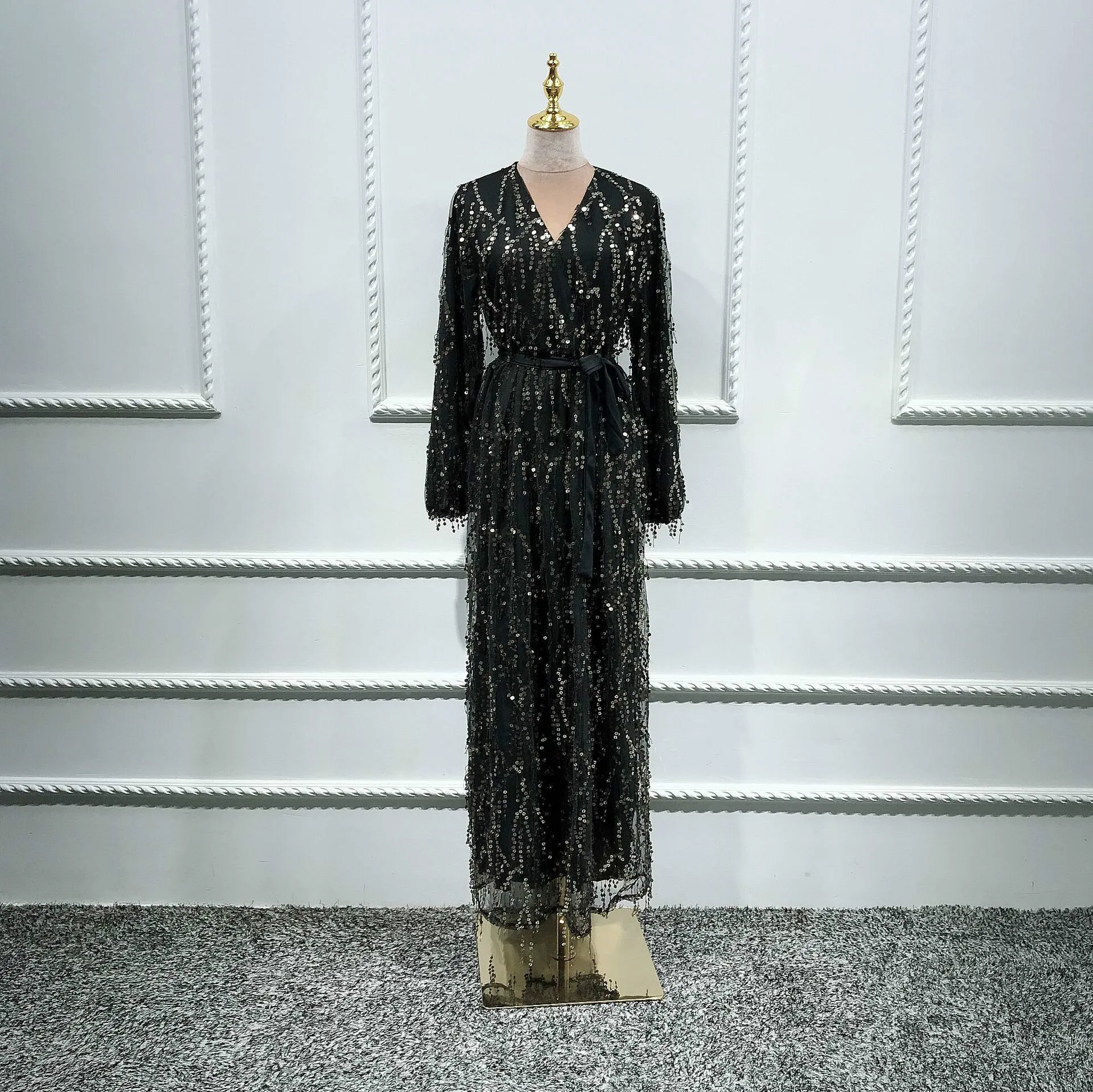 Осень блёстки мусульманский абайя Tassles Макси платье кардиган кимоно длинные халаты Soiree Vestidos Ближний Восток Рамадан ИД Исламская молитва - Цвет: Черный