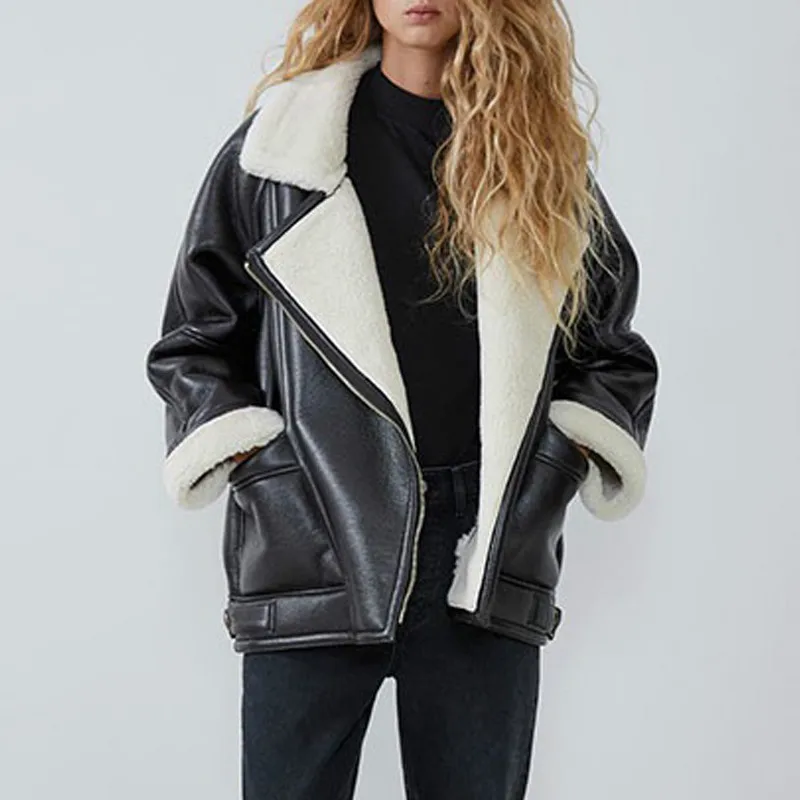 

Autumn Winter Thick Warm Cashmere PU Faux Leather Biker Jacket Women Solid Zipper Casual Loose Jackets Coat Female Outwear Tops