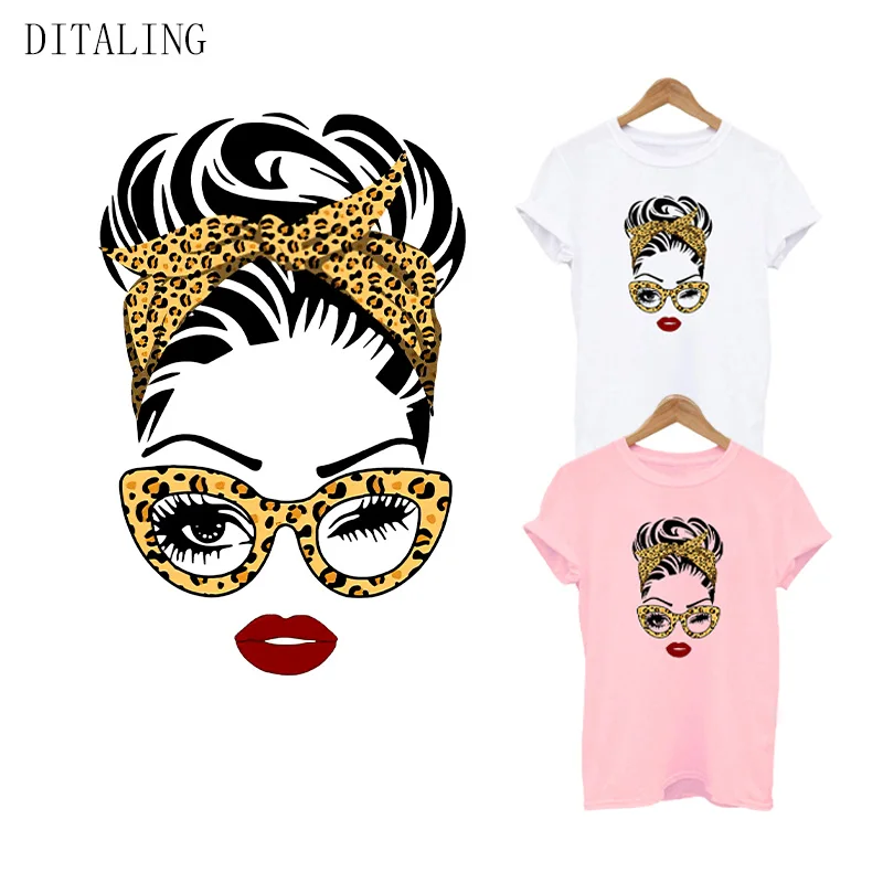 Leopard Women Thermal Stickers On Clothing Fashion Girl Patches DIY T-Shirt Tops Iron On Transfers Decals Glasses Lady Appliqeud