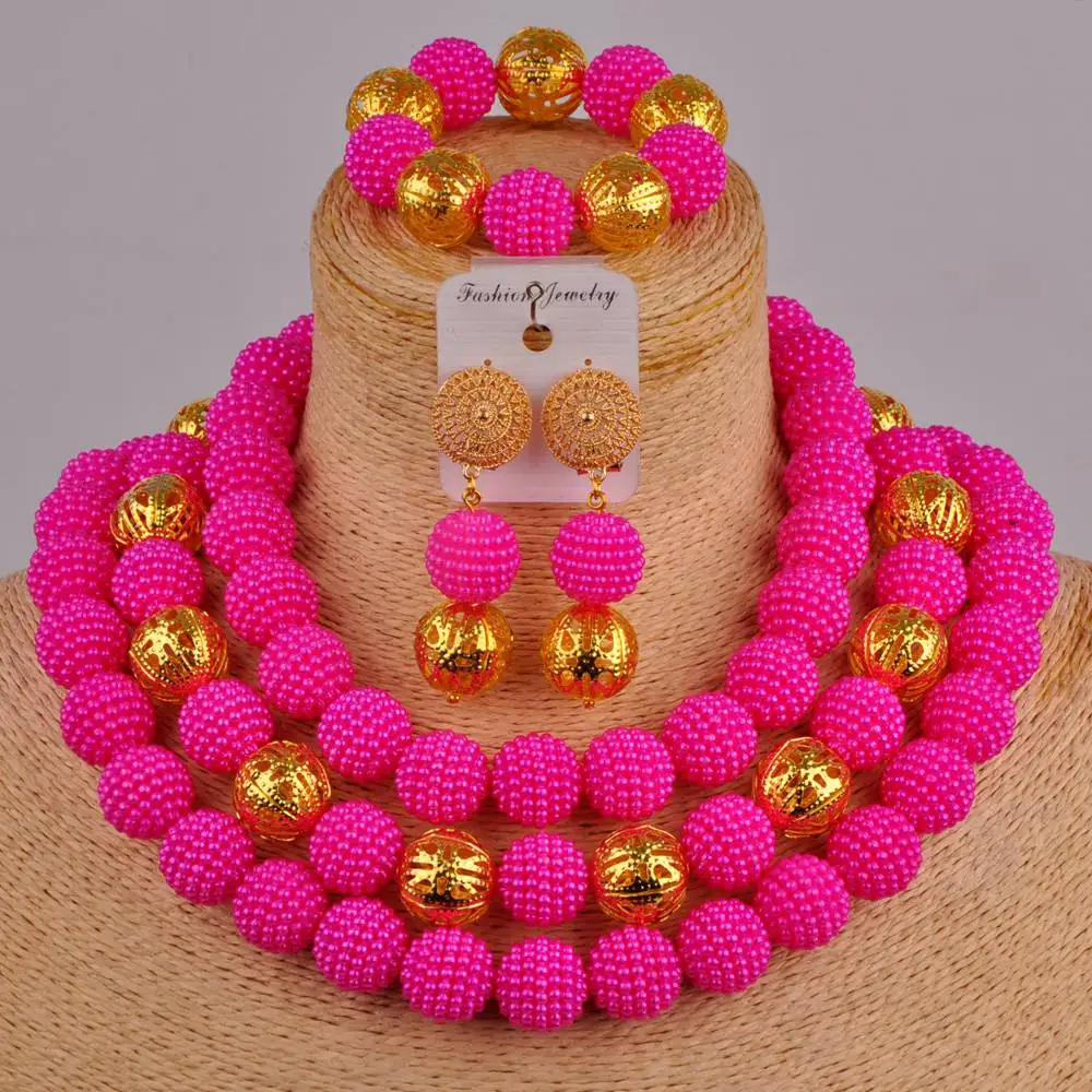 

newest fuchsia pink costume necklace african set african wedding beads jewelry set women nigerian set ZZ23