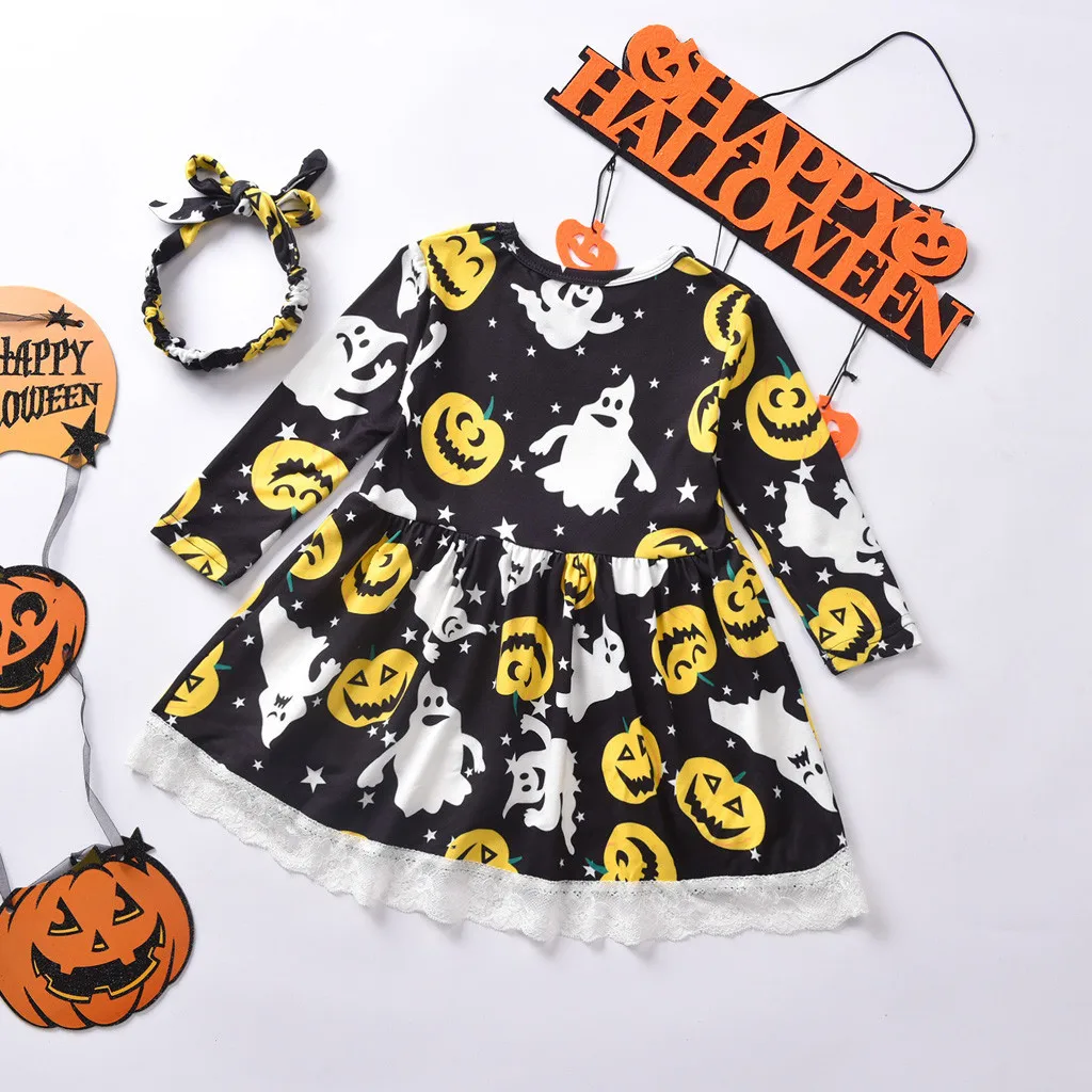 Платья для девочек малышей маленьких Хэллоуин с тыквой призраками кружевное