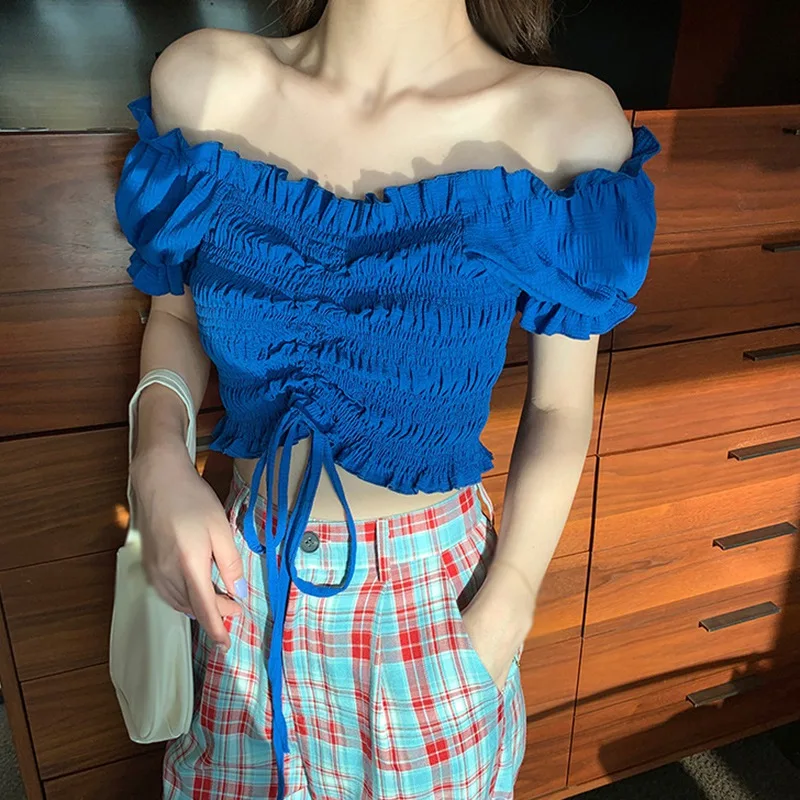 

Jlong Women Summer Puff Sleeve Chic Korean Style Blouse Shirt Short Top Pleated V-neck Female Blouse