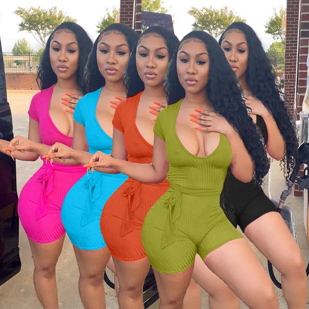 

Sexy Lady Solid Rib Knit Deep V Neck Night Party Club Bodycon Short Jumpsuit Women Summer Outfit Sportwear Playsuit Rompers