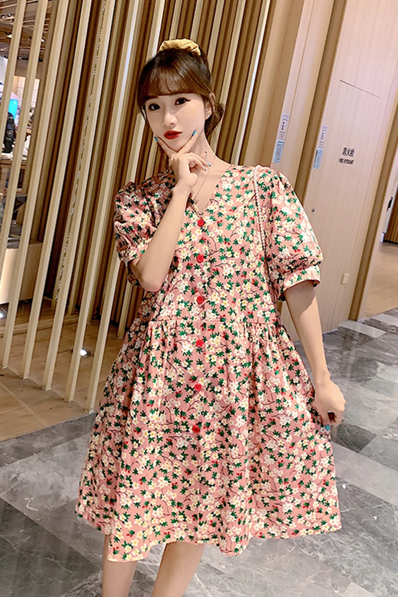 

Summer Korean version of the cotton loose puff sleeve square collar flower print mid-length pregnant women dress