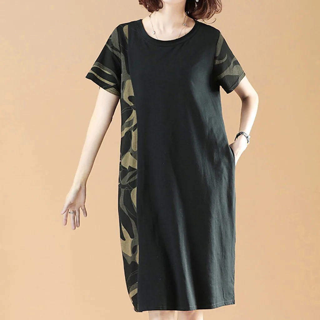 Платье женское свободное прямое с круглым вырезом и коротким рукавом|Женские