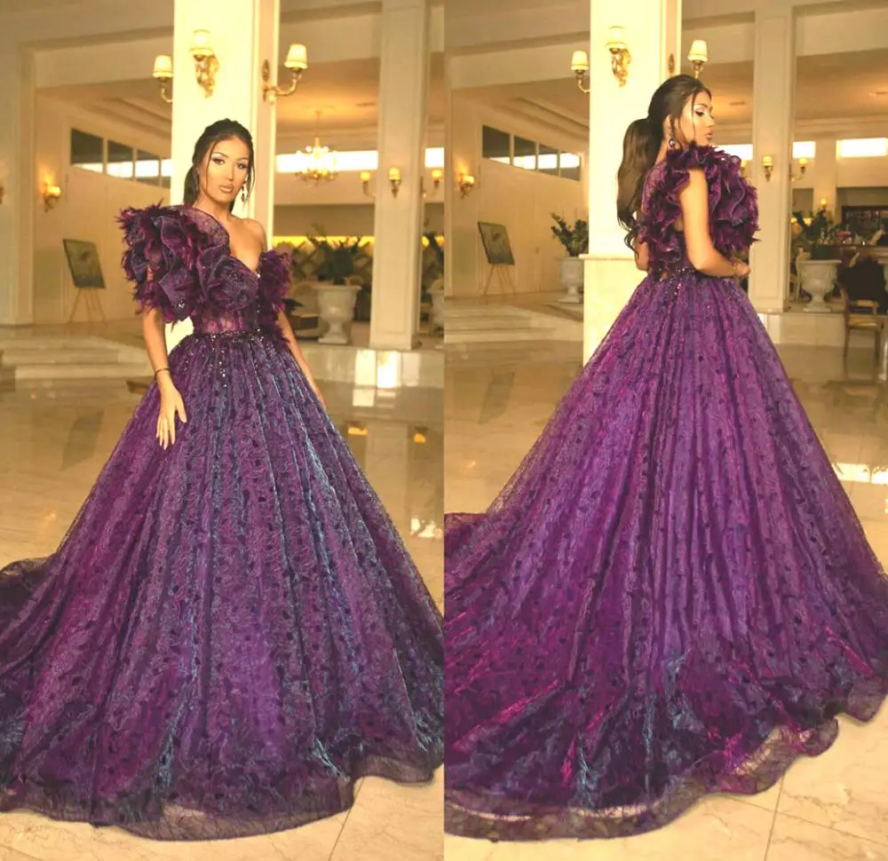 

Purple Sequins A Line Prom Dresses One Shoulder Ruffles Evening Gowns Sparkly Lace Appliques Sweep Train Fashion Party Dress