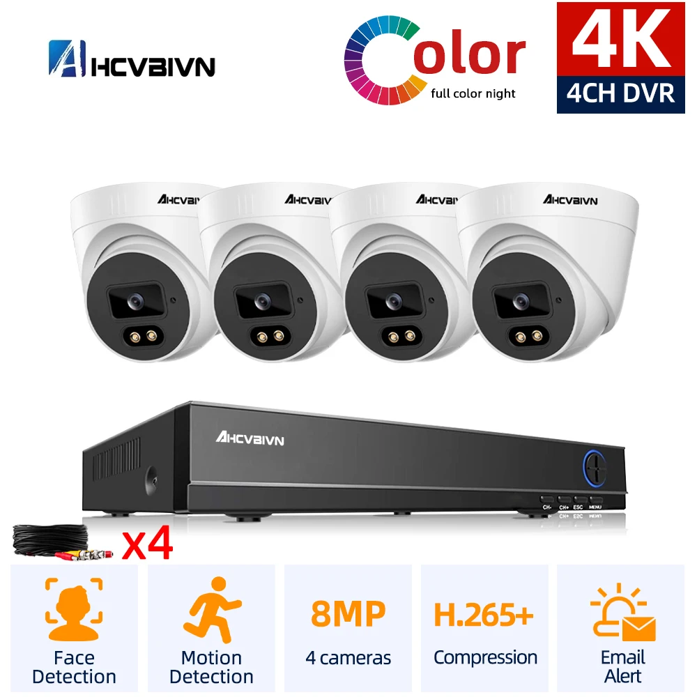 

AHCVBIVN 4CH 4K Video Surveillance DVR With CCTV Security Dome Camera System 8MP Face recognition AHD Camera HDD Optional H.265