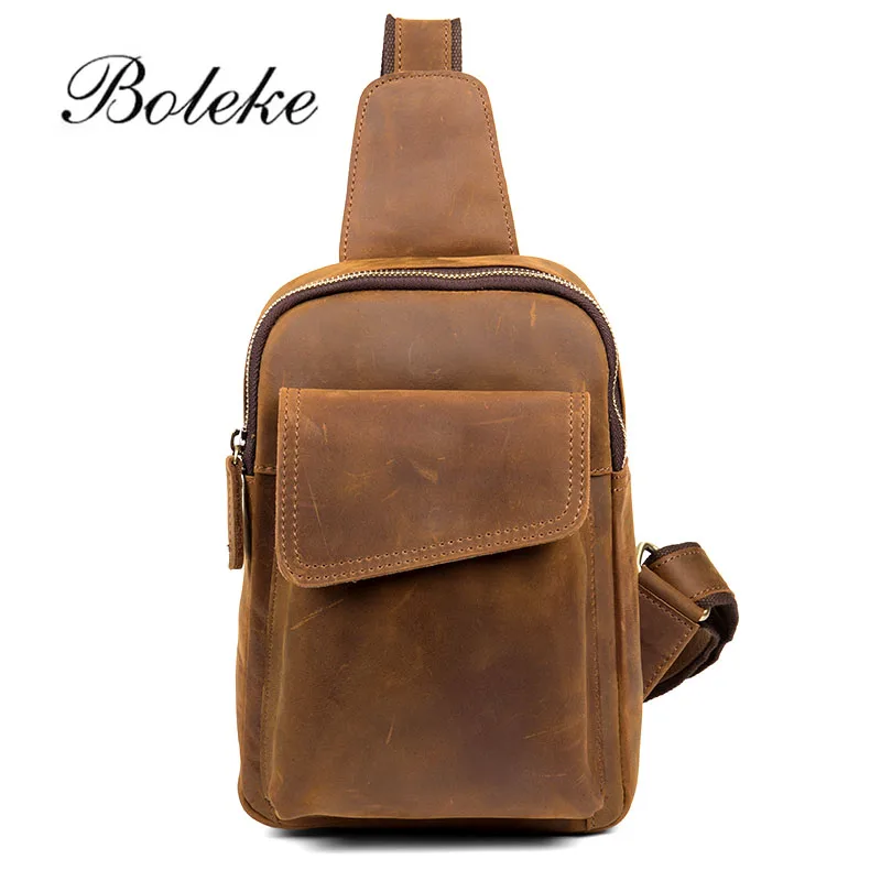BOLEKE Genuine Leather Sling Rucksack Back Pack Shoulder Men Vintage Crazy Horse Cowhide Messenger Bag Casual Cross Body Chest | Багаж и