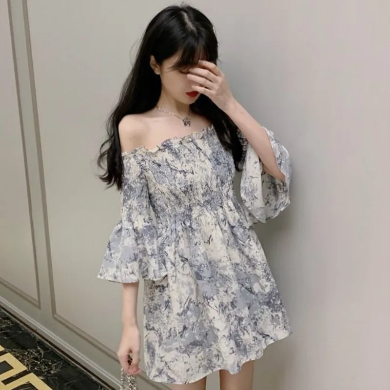 

Summer Korea Sweet Girl Renaissance Vintage Gentle Fairy Dress Slash Neck Flared Sleeves College Innocent Girl Cute Woman Dress