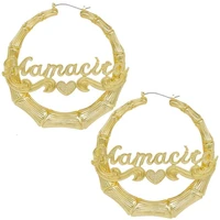 personalized name font gold plated bamboo hoop earrings for women girls jewelry gift acrylic laser custom name piercing earring