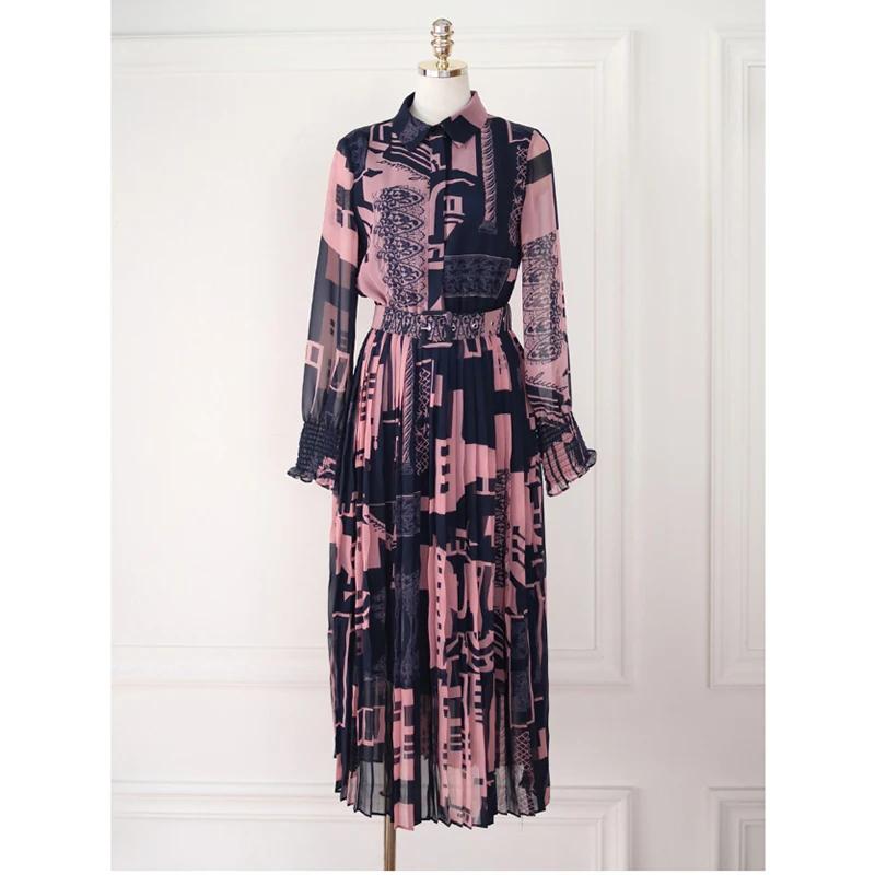 

Korean Style Fashion Dress Women High Waist Pleated Vintage Floral Printed Long Sleeve Casual Office Lady Midi Dresses Summer Za