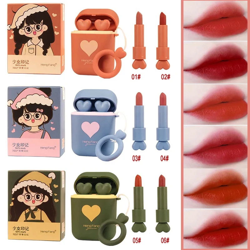 

2Pcs/Set New Earphone Box Lip gloss set Matte Red Lipstick Long-lasting not easy to fade Lip tint Cute Makeup Cosmetics TSLM1