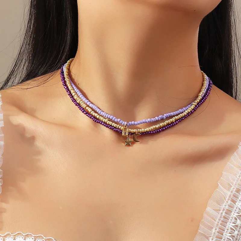 

3PCS/SET Bohemia Colorful Seed Bead Choker Necklace Statement Short Collar Clavicle Chain Necklace for Women Girls Beach Jewelry