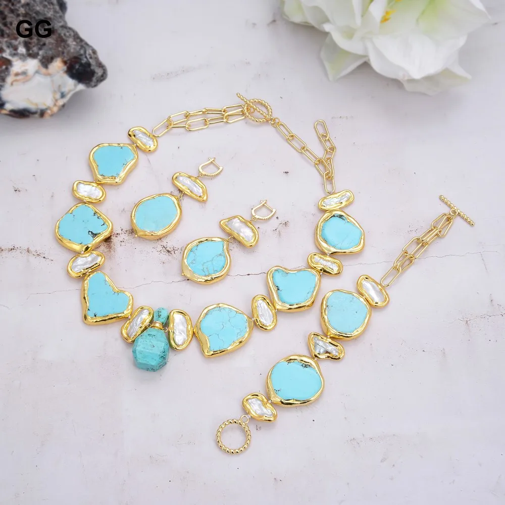 

GuaiGuai Natural Freshwater White Biwa Pearl Green Nugget Turquoises Gems Gold Plated Pendant Necklace Bracelet Earrings Sets