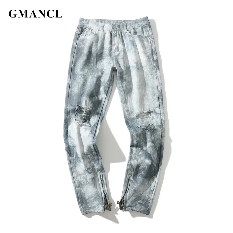 Уличная Мужская Прямые рваные джинсы брюки градиентный цвет хип-хоп мужские