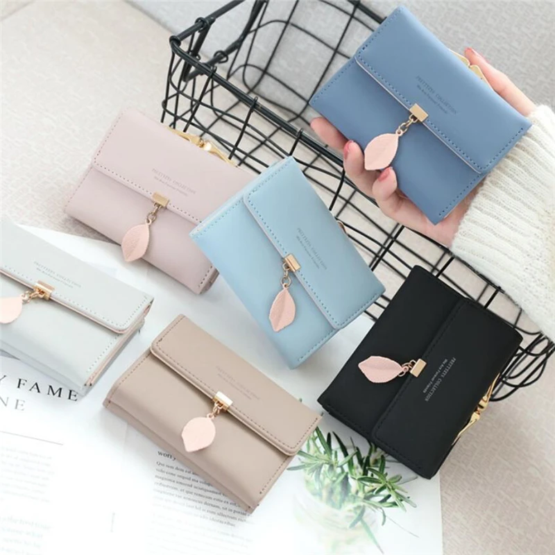 

Women's Fashion Leaf Tri-Fold Coin Purse Women's Buckle Solid Color Leather Short Wallet Card Holder Clutch Billeteras Mujer