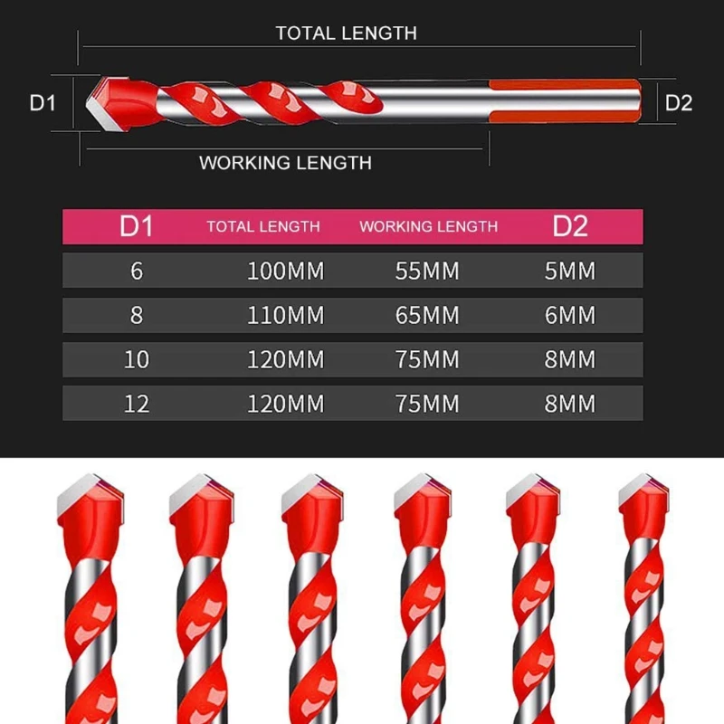 

Long Sturdy Multifunctional Hard Alloy Triangle Drill Bits for Tile Concrete Brick Glass (6/8/10/12mm5 Pcs Bits Set