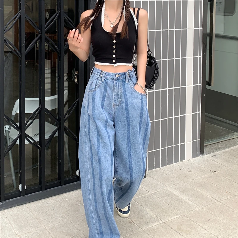 

High Waist Women Jeans Stripe Streetwear Korean Fashion Wide Leg Pants Casual Straight Vintage Summer Baggy Ladies Denim Trouser