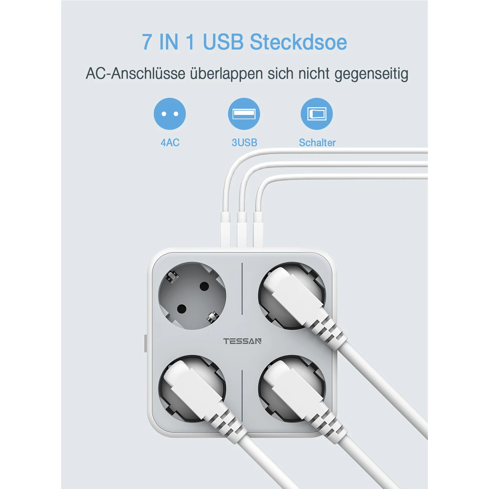 TESSAN Compact USB Plugs 4-Way Sockets with 3 Ports 7 in 1 Plug Adapter Multiple Charger for Phone Tablet | Электроника