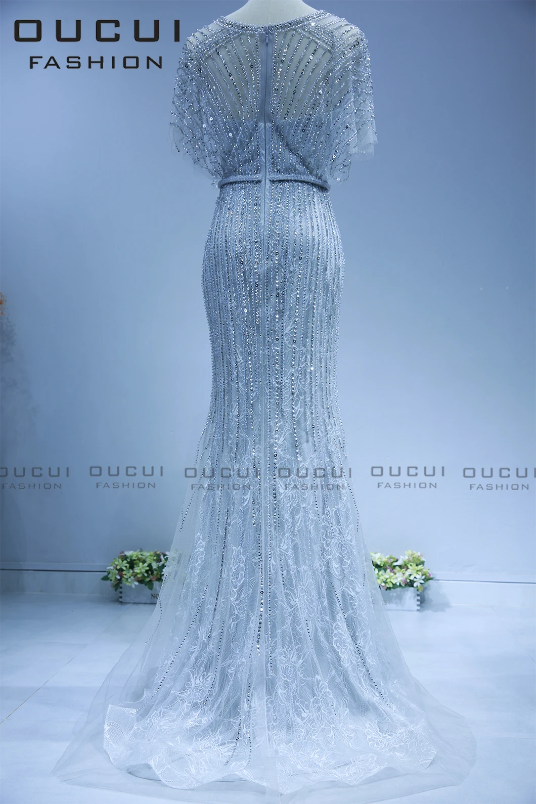 

2021 OUCUI Stylish V-neck Prom Evening Dresses Handmade Beading Lace Dress Elegant Party Gowns OL103568