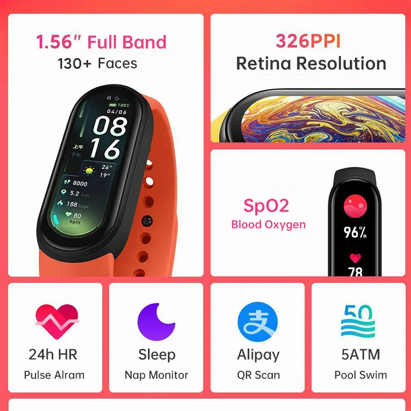 В наличии умный Браслет Xiaomi Mi Band 6 NFC 1 56 &quotAMOLED цветной экран SpO2 сердечного ритма