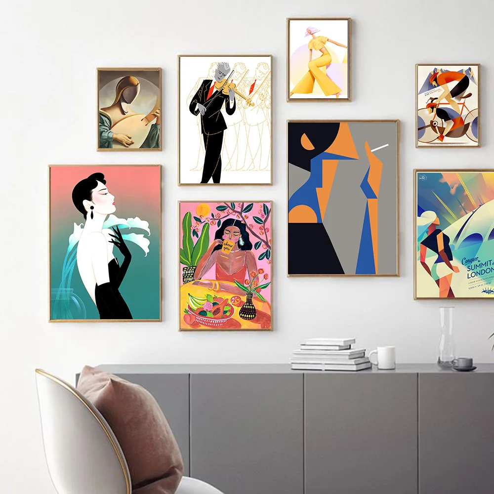 

Dancing and Singing Art Painting Fashion Woman Minimalist Wall Art Canvas Poster Play Nordic Music Print Picture Home Decor