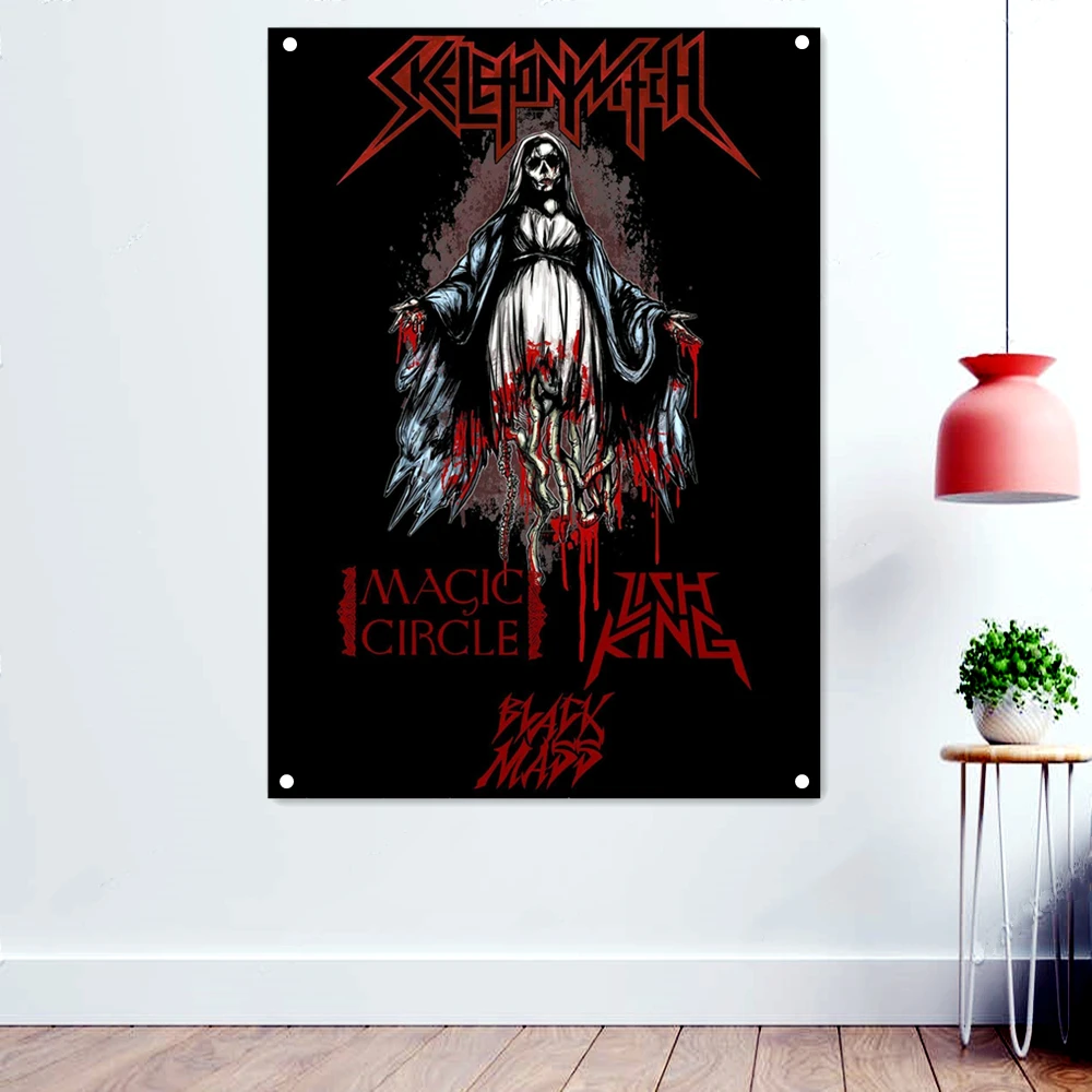 

Scary Dark Art Flags Retro Wall Hanging Cloth Rock Band Death Metal Music Posters Skeleton Witch Art Banners Interior Decoration