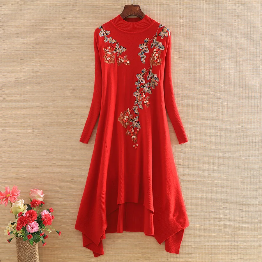 Высококачественное осенне-зимнее платье в китайском стиле винтажное вышитое