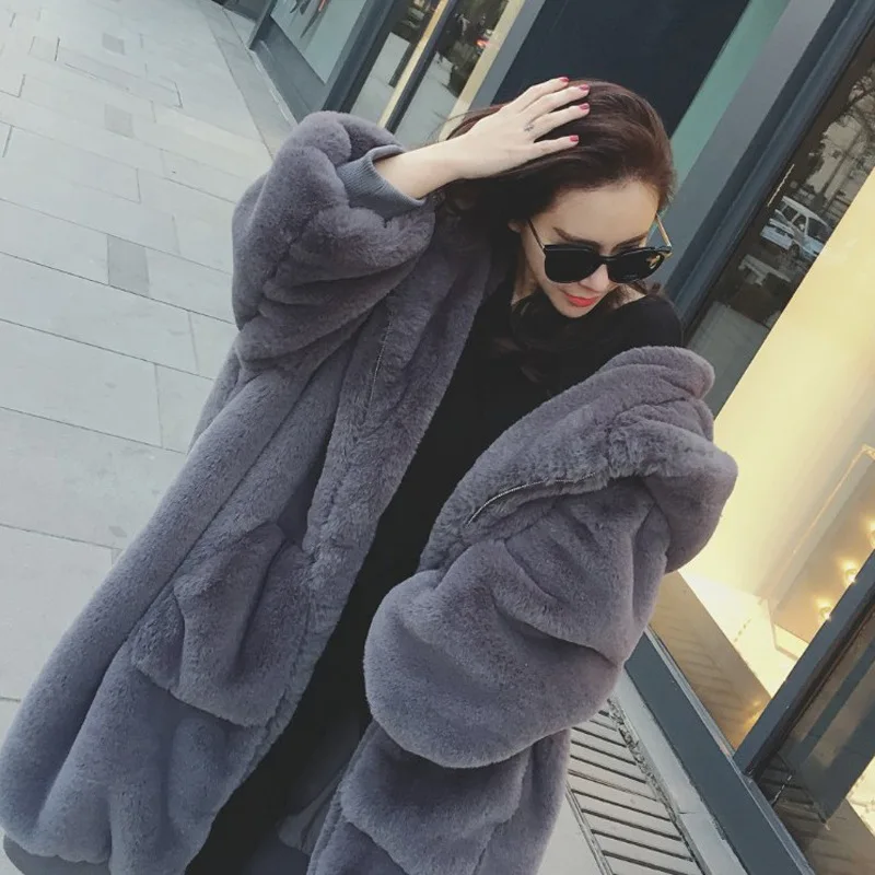 New Winter Loose Oversize Imitation Faux Rabbit Fur Thicken Long Female Coat Women Hooded Warm Women's Overcoat Outwear Fashion