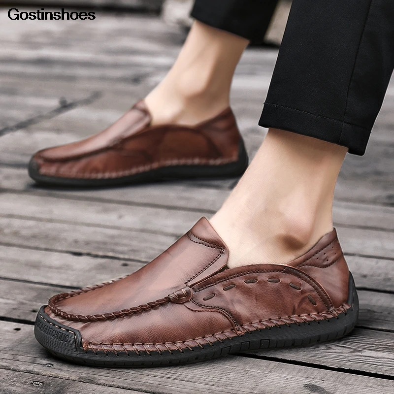 Мужские лоферы повседневная кожаная обувь цвет коричневый черный слипоны из