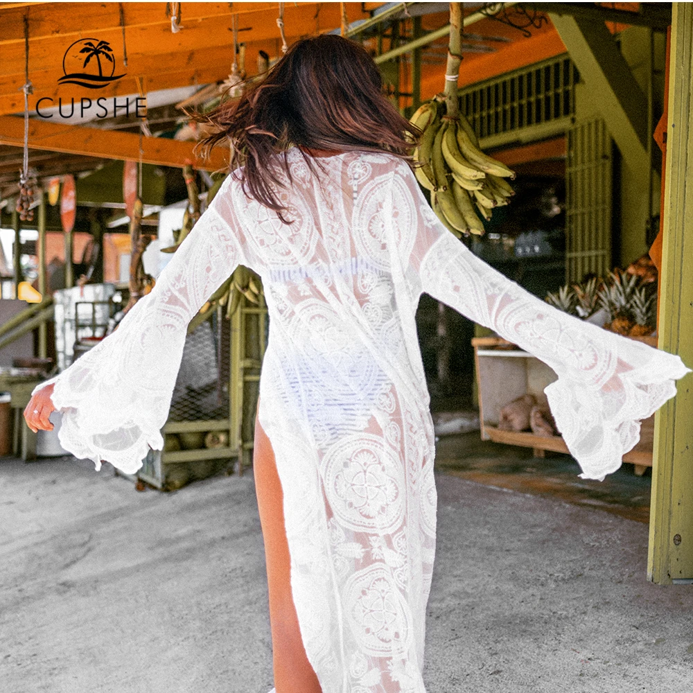 Белый кружевной купальник CUPSHE длинное прозрачное покрывало-накидка на лето 2020 |
