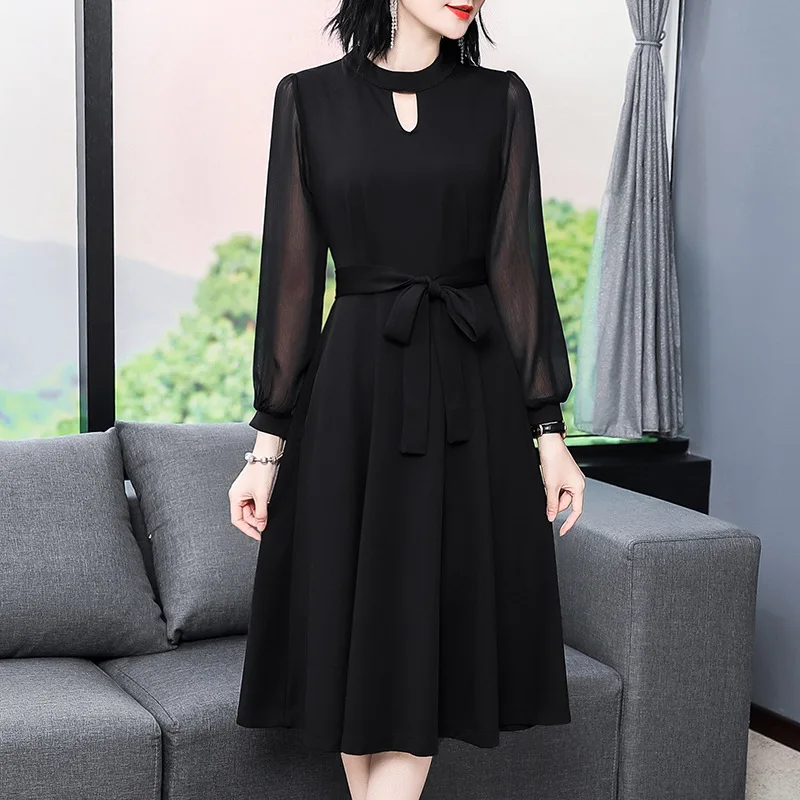 

2021 Spring New Little Black Dress Black Mid-long Slim Slim Dress