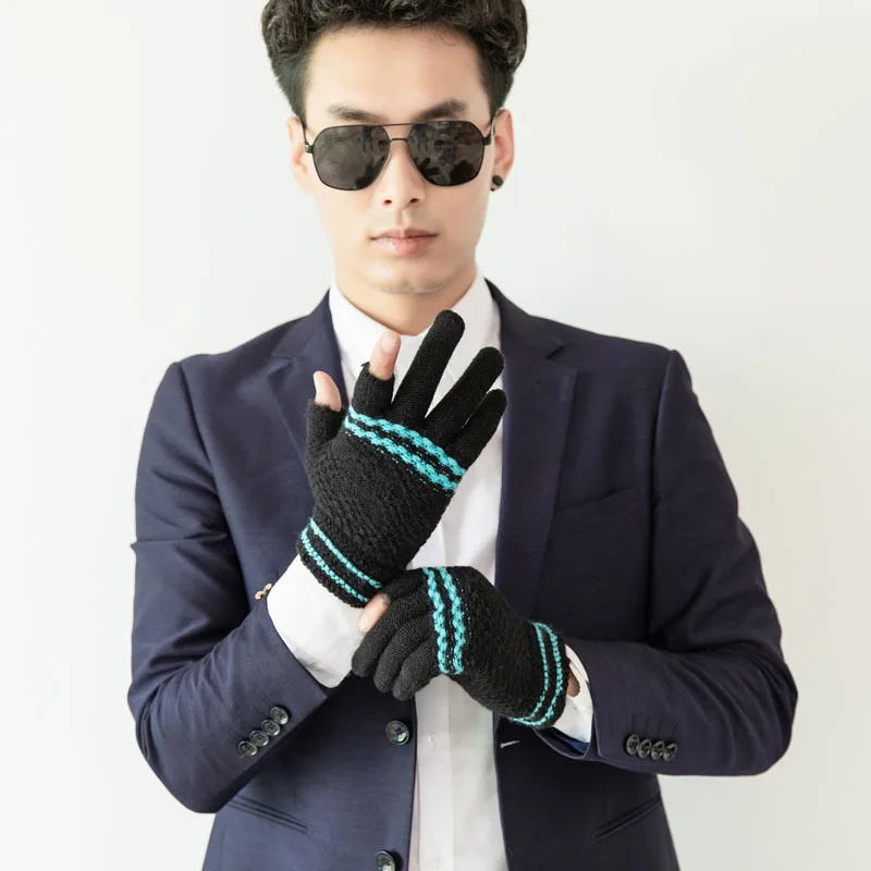 

Winter new men's striped leaky finger gloves, outdoor cycling sports warm knitted touch screen gloves D26