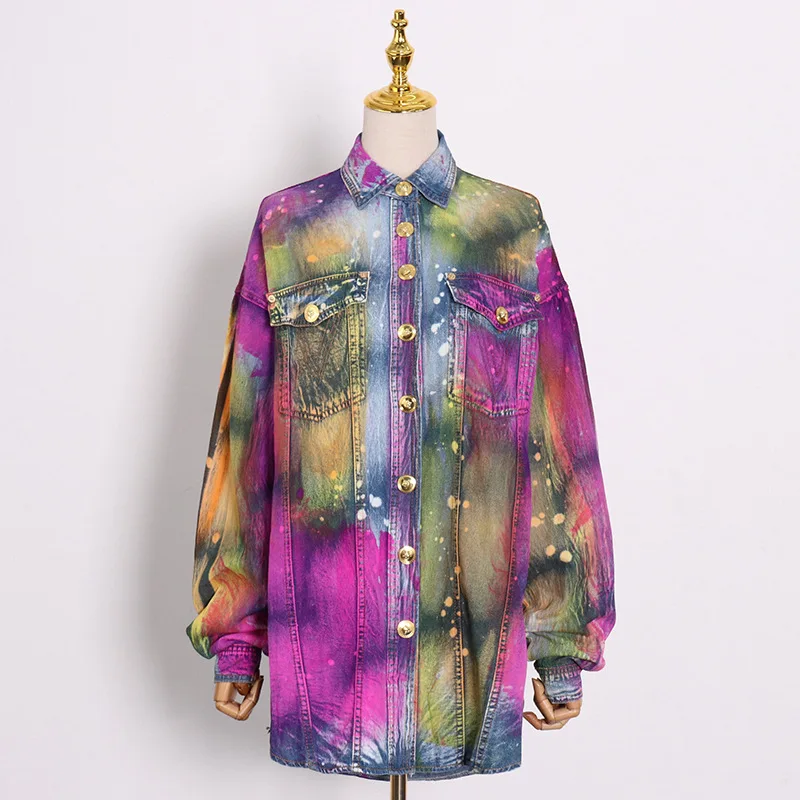 

Высококачественная окрашенная однобортная модная уличная джинсовая куртка с отложным воротником Топ оверсайз модная подиумная женская од...