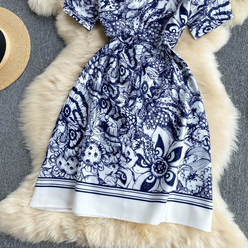 

Merchall Runway Designer Vintage Mini Dress 2021 Summer Woman Retro Flower Print O Neck Short Sleeve Dress Party Vestidos M71801