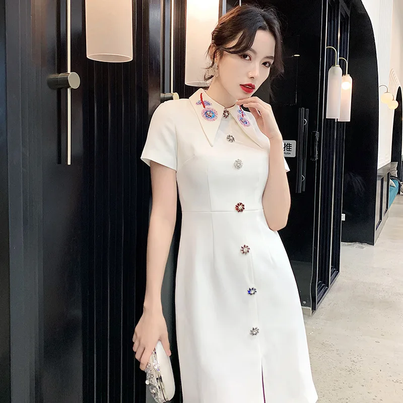 

Сексуальное атласное вечернее платье с вышивкой и блестками, с аппликацией и коротким рукавом, женское платье на молнии сзади, вечернее платье-Ципао, 3XL