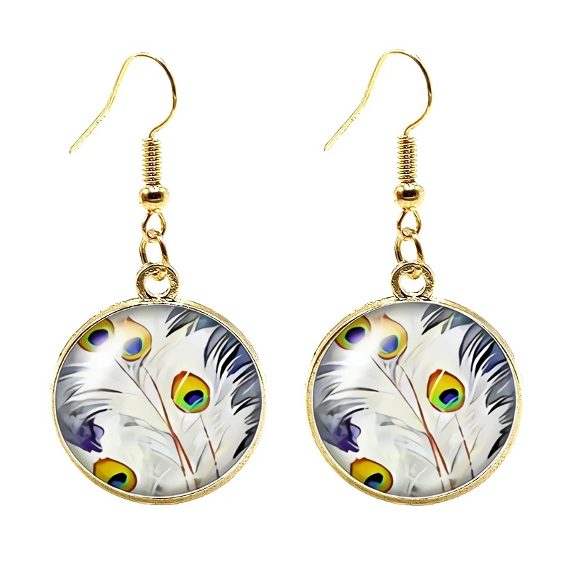 Женские серьги в стиле бохо выпуклые из стекла с узором виде павлиньих перьев