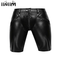 iiniim mens sexy leather club moto shorts full zipper front button snap closure punk fashion shorts wetlook punk party clubwear