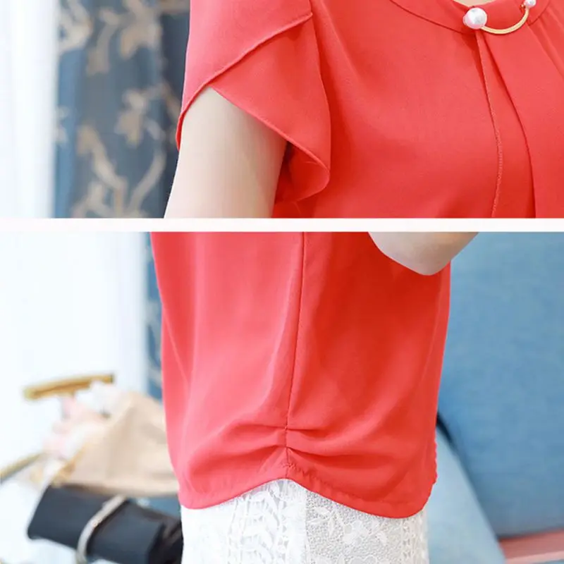 

Women Short Sleeve Chiffon Shirt Office Ladies O Neck Slim Blouses Shirts Rk