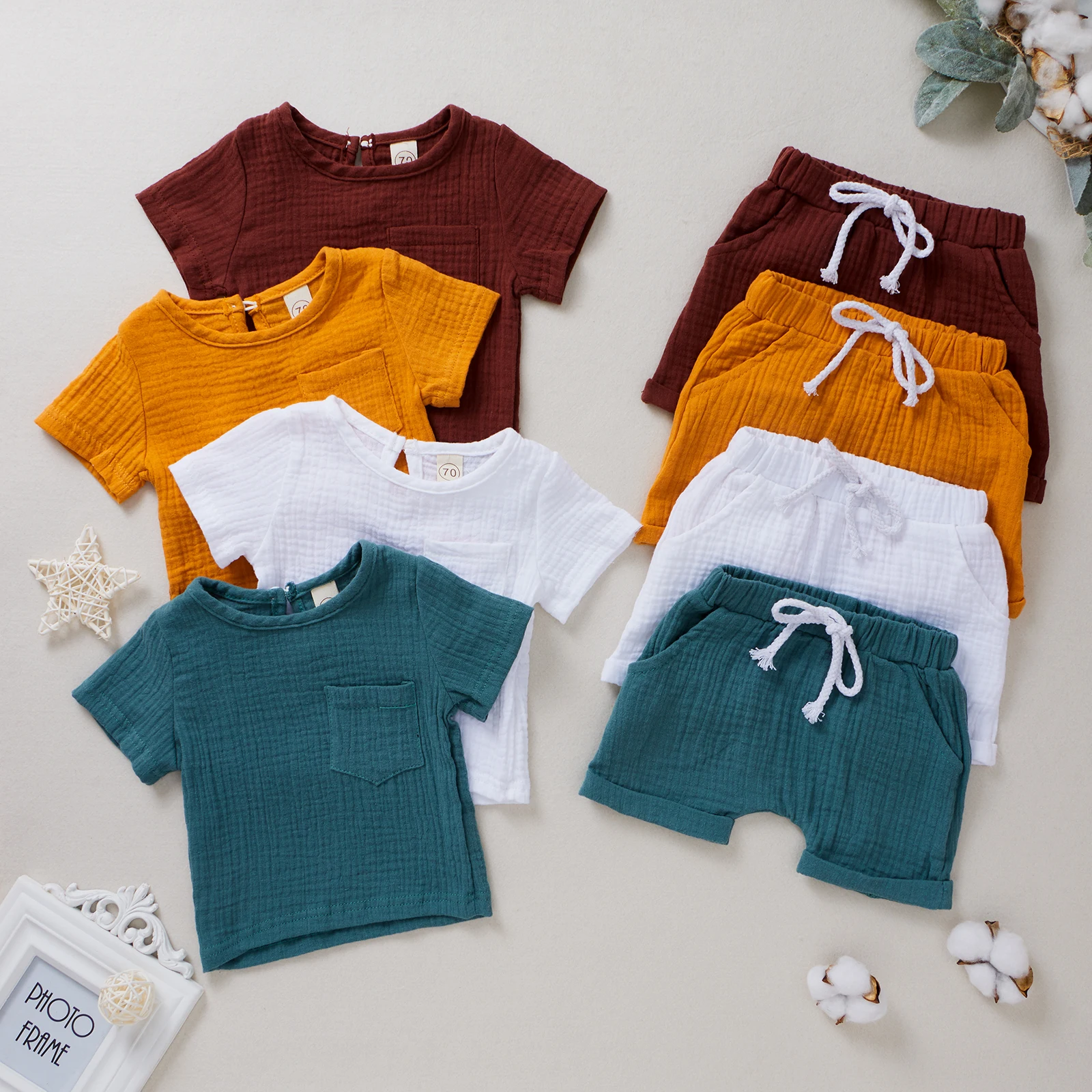 0-4Years Baby's Solid Color Cotton Linen 2Pcs Suit Short Sleeve Round Neck T-shirt with Elasctic Shorts 4Colors