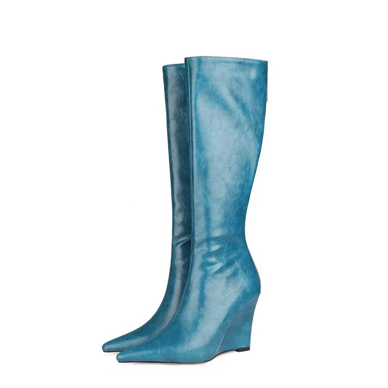 

Autumn and Winter Women's Knee High Boots Slope Heel High Leather Boots Fashion Womens Shoes Large Women's Boots Platform Shoes