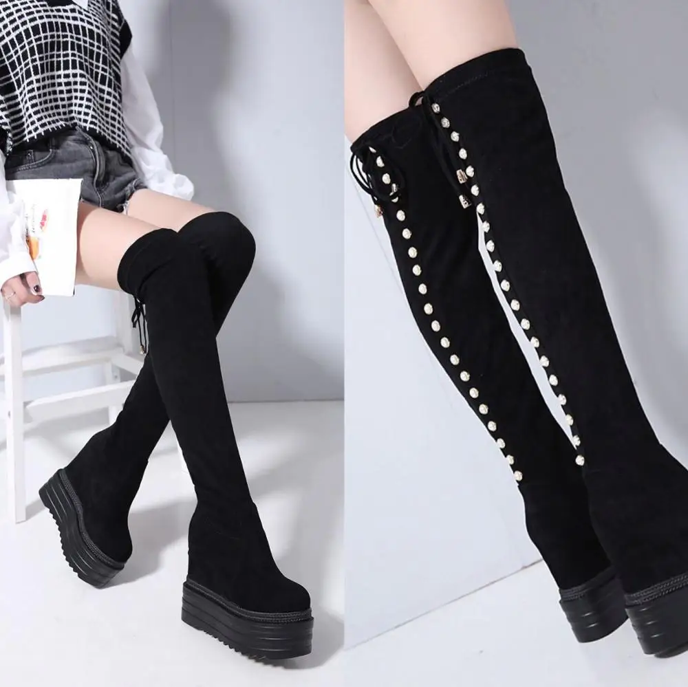 

Winter New Increase Within Wedges Over-the-Knee Boots Thick-Sole Long Boots 13cm Pearl High Heel Womens Boots Elegant High Boots