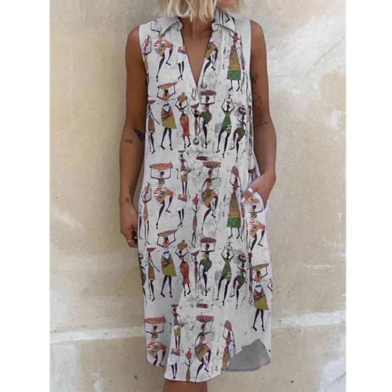 

Summer Ladies New Style Vest Dress Solid Color V-neck Lapel Elegant Printing Sleeveless Pullover Casual Loose Dress For Women