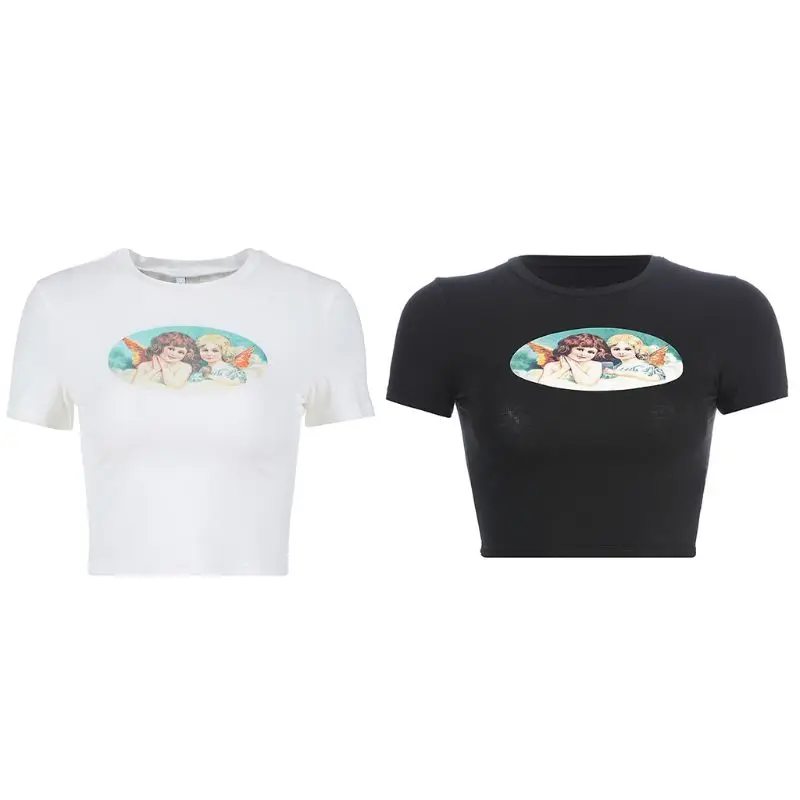 

Women Cute Angel Graphic Printed T-Shirt Sexy Slim Fit Short Sleeve Navel Crop Top O-Neck Harajuku Casual Streetwear