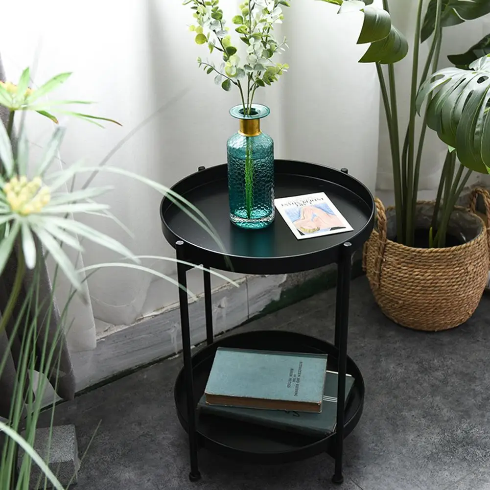 

Iron Double-layer Small Tea Table Round Sofa Round Side Table For Bedroom Garden Living Room