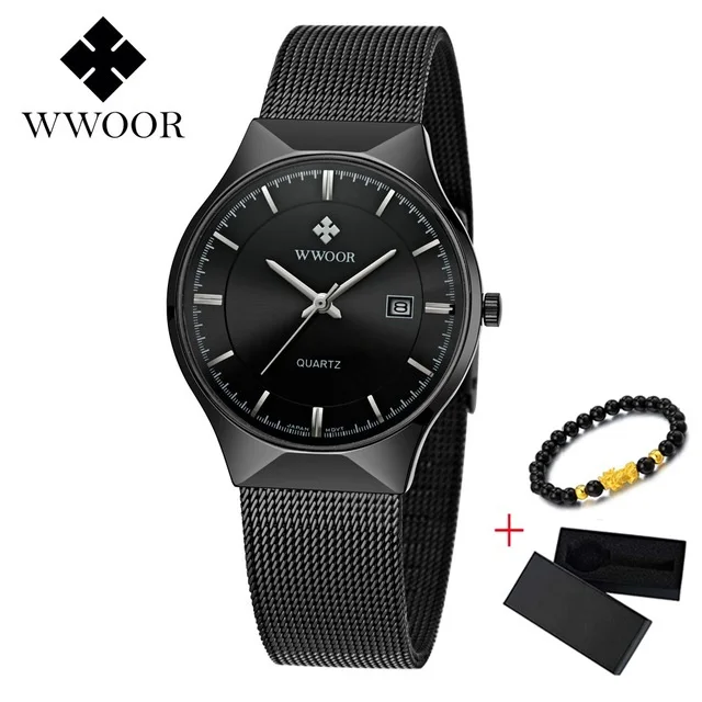 Бренд WWOOR, тонкие часы, мужские роскошные кварцевые наручные часы, дата 50 м, водонепроницаемые часы, мужские повседневные наручные часы, relogio masculino - Цвет: Full Black