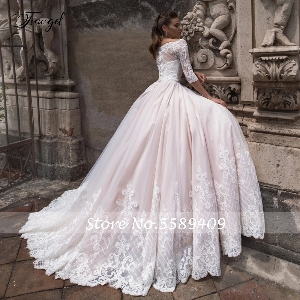 

Traugel Sweetheart A Line Lace Wedding Dresses with Boat Neck Jacket Applique Half Sleeve Bride Dress Court Train Bridal Gown