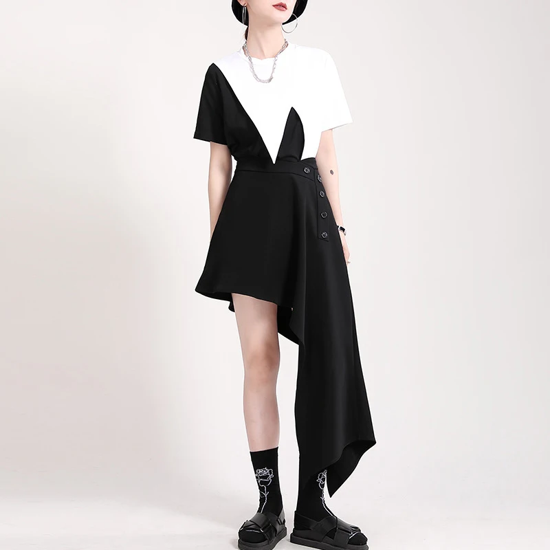

[EAM] High Elastic Waist Black Ruffles Asymmetrical Button Half-body Skirt Women Fashion Tide New Spring Summer 2021 1DD7505