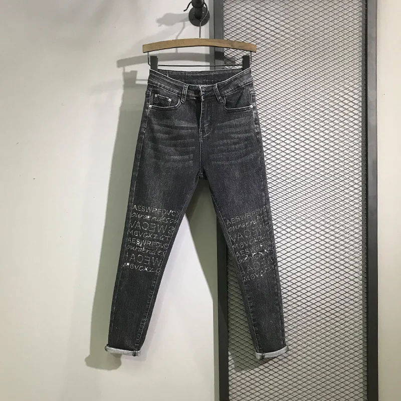 Черные джинсы для женщин новинка весны 2020 европейский стиль стразы похудения